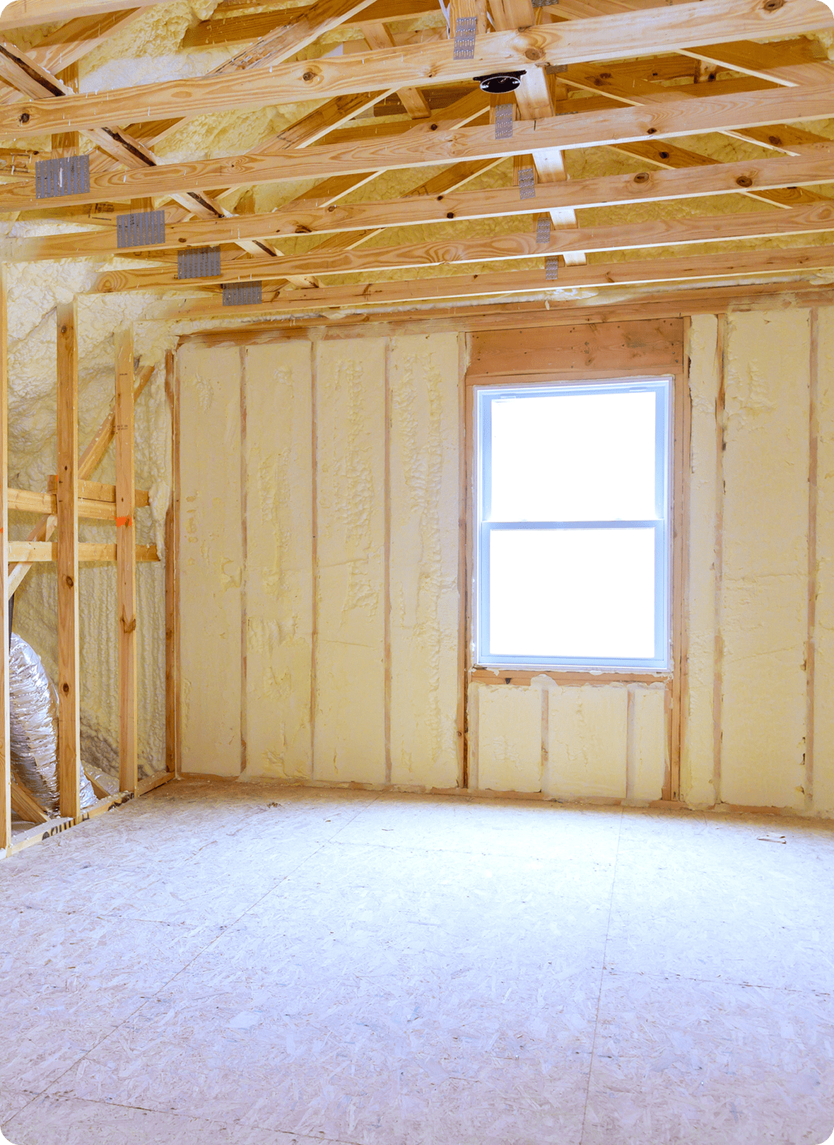 Exposed beams in unfinished room