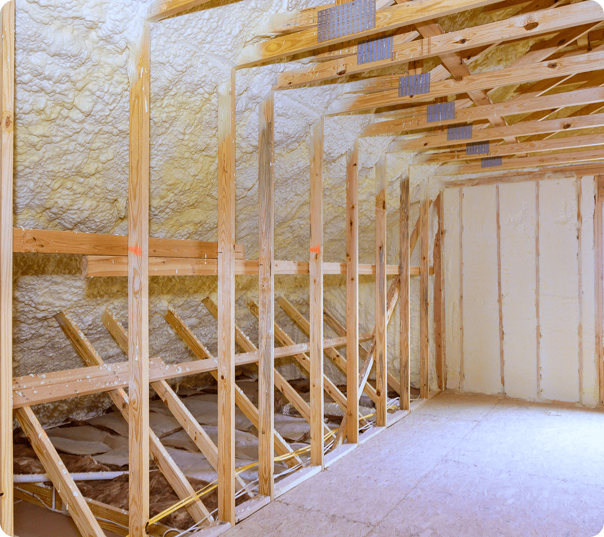 Unfinished attic space with foam insulation